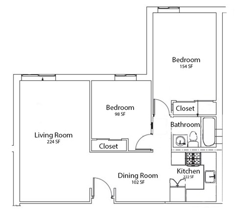 Floor plan for 2 beds, 1 bath, 742 sqft